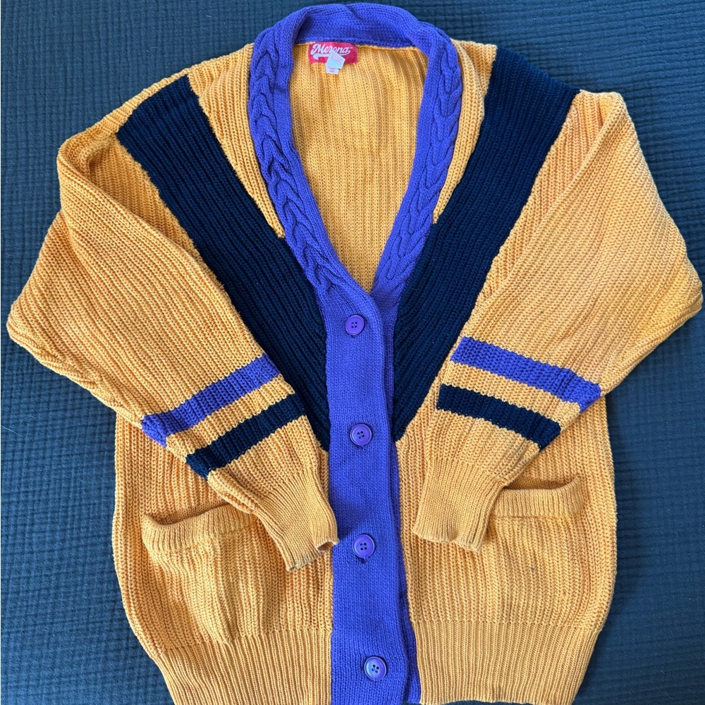 Vintage Merona Yellow and Purple Cardigan Sweater - 100% Cotton